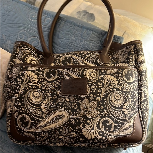 American Living Black and Cream Paisley Tote with Brown Handles & Accents - Picture 1 of 4